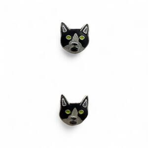 Tuxedo Cat Face Stud Earrings 925 Sterling Silver Cloisonne Enamel Kitten